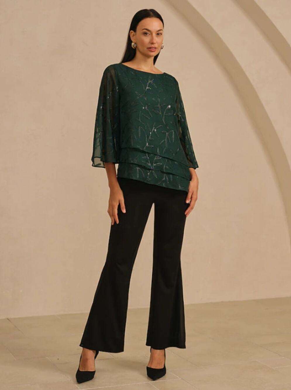 ADOR Green Metallic Leaf Kimono Style Blouse Layered Hem XL NWT